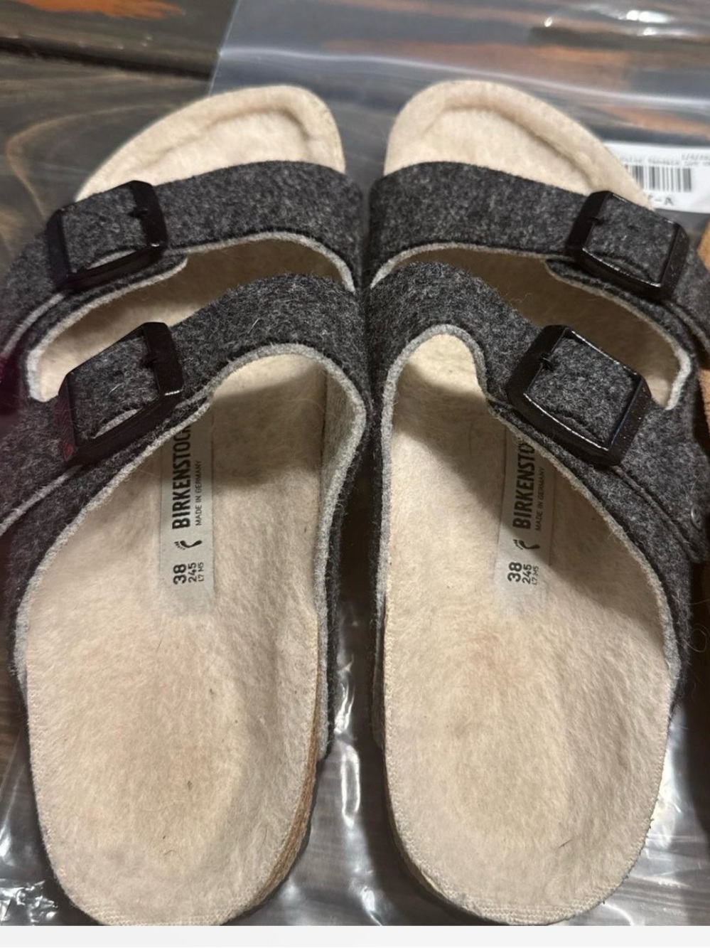 Birkenstock Shearling lined Arizona Charcoal Two-Strap Sandals